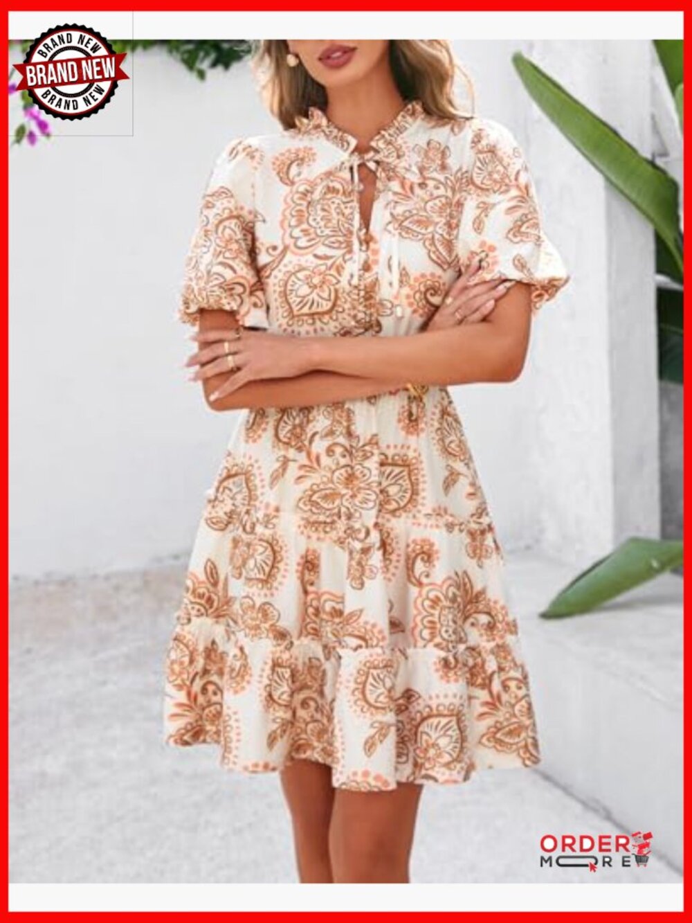 V Neck Floral Boho Mini Dress Short Sleeve Tiered Ruffle A-Line Summer - Picture 3 of 7